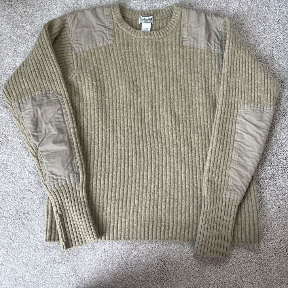 LL Bean Commando Sweater Mens 2XL Tan Merino Wool Shoulder Elbow Patch Fisherman
